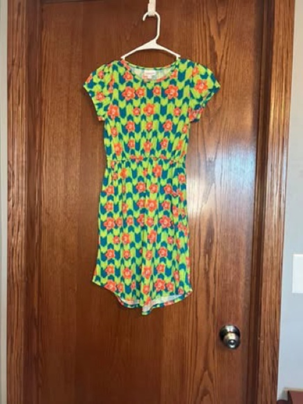 LuLaRoe Green Floral Knit Dress with Orange Flowers and Blue Accents